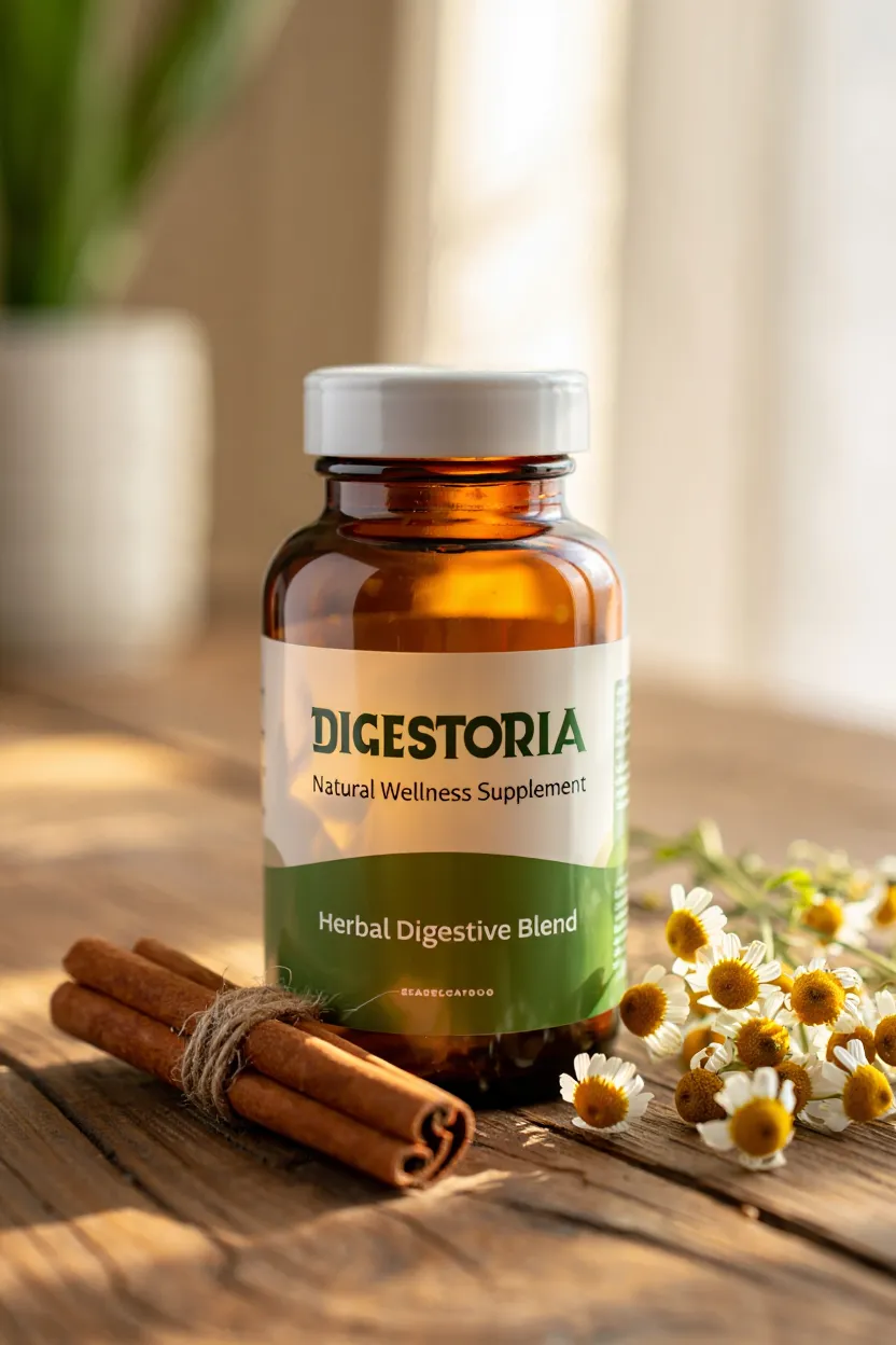 Digestoria natural wellness supplement bottle with herbal ingredients displayed